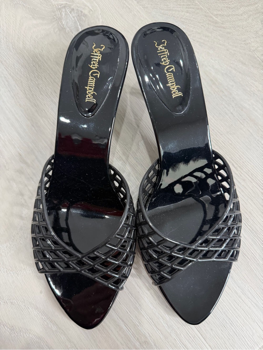 Jeffrey Campbell Black Woven Plastic Open Toed high heels NEVER WORN